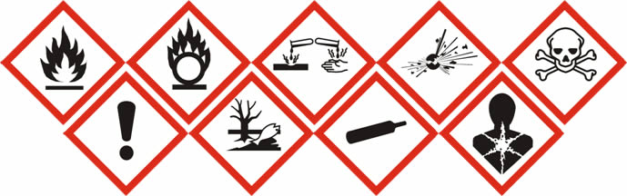 Hazard symbols representing various safety warnings, including flammability, toxicity, and environmental hazards.
